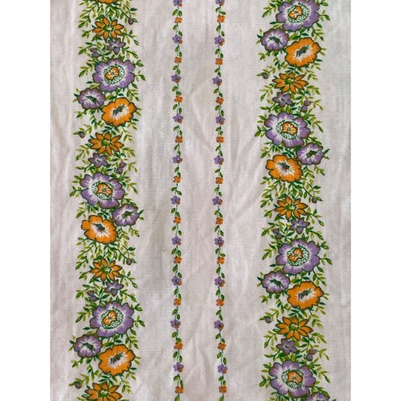 Fabric Purple Orange Floral Stripes White Ivory Quilting Sewing Remnants Art VTG - Picture 1 of 13